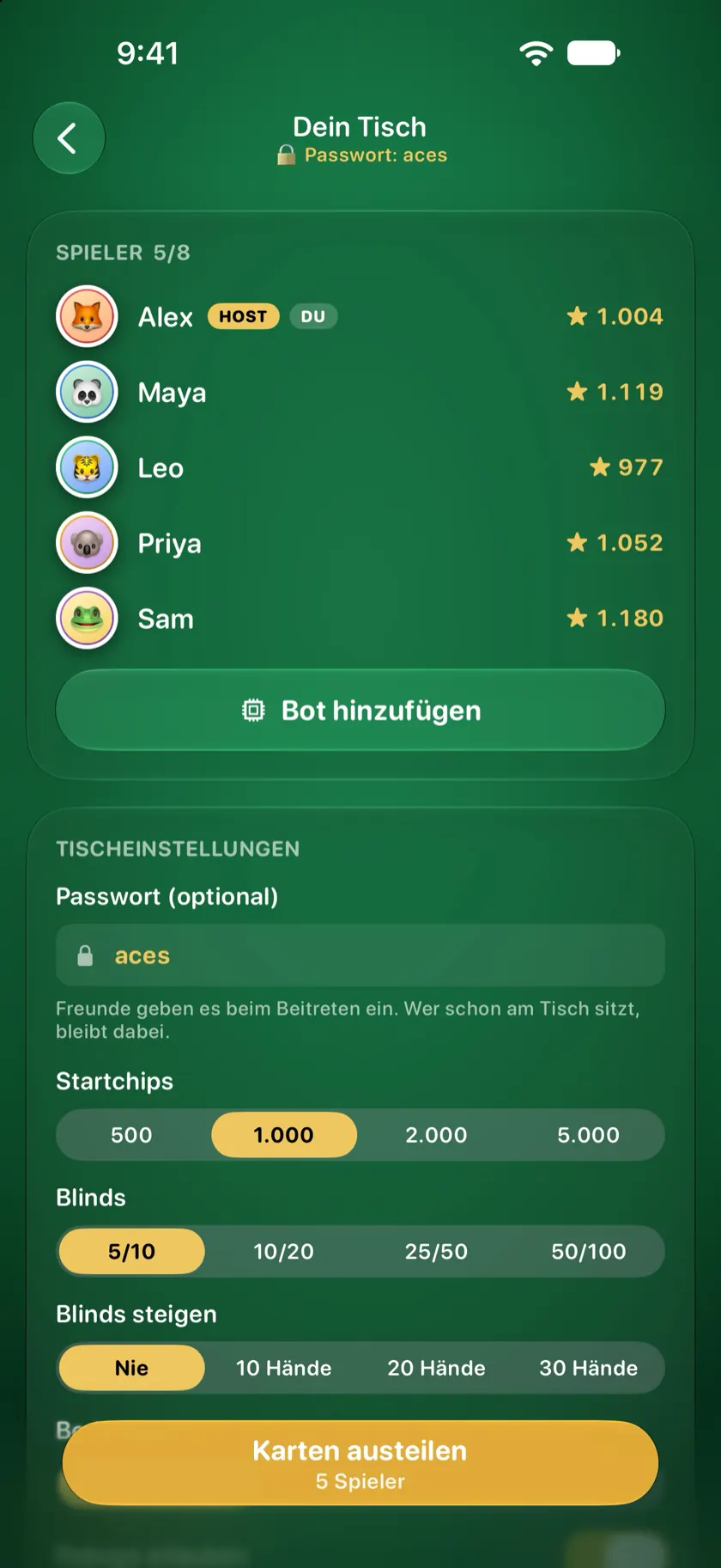 Die Lobby des Hosts mit fünf Spielern am Tisch und den Tischeinstellungen