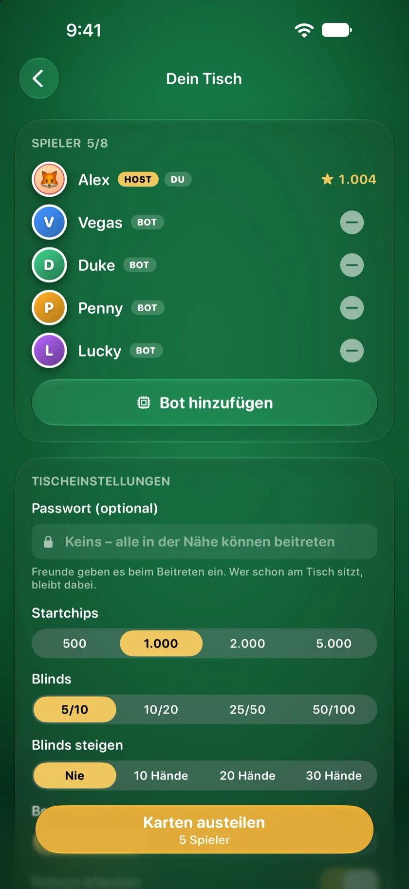 Die Lobby mit den Bots Vegas, Duke, Penny und Lucky neben dem Host