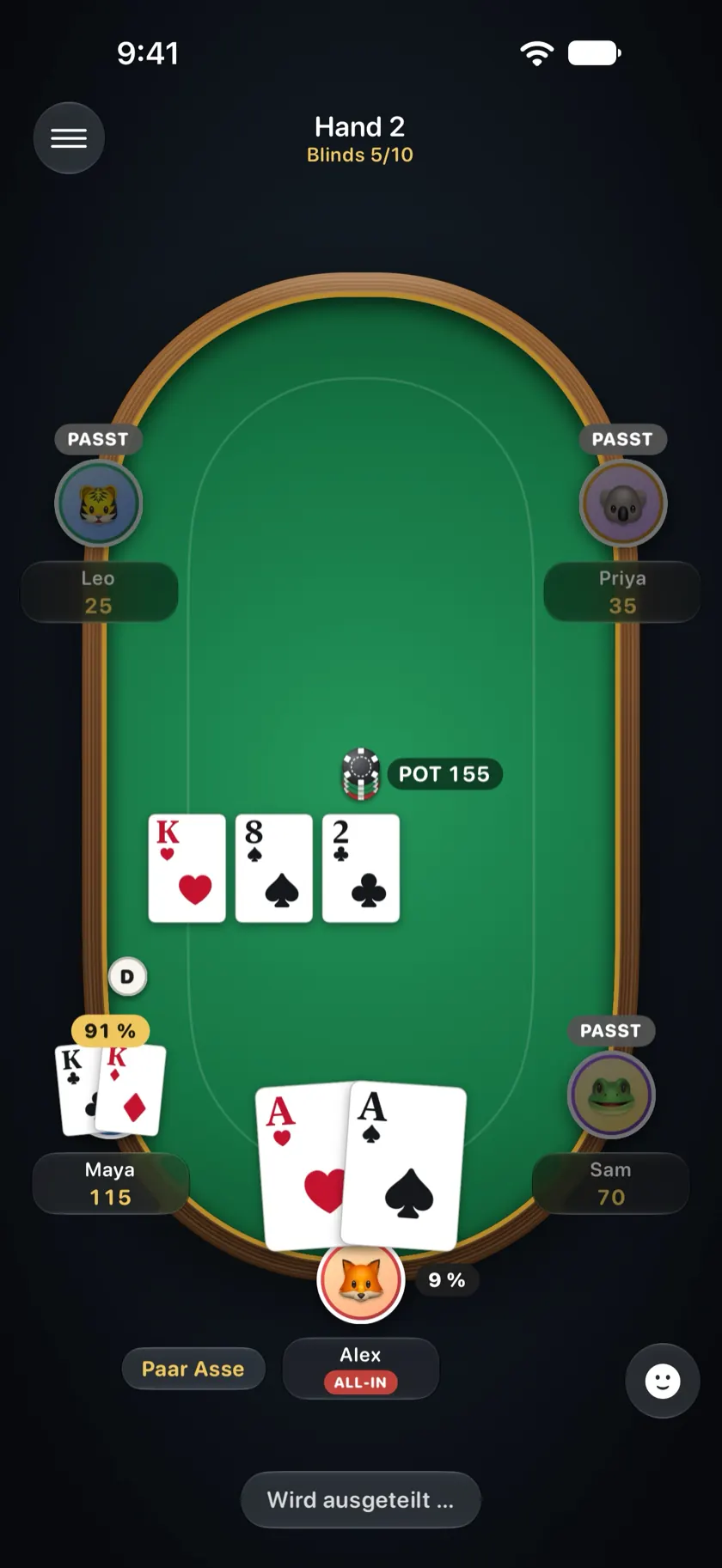Ein All-in nach dem Flop mit der Gewinnchance jedes Spielers an seinem Platz