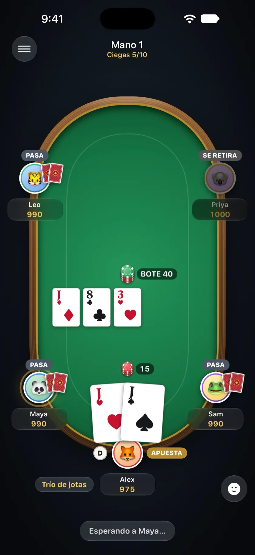 Mesa de Local Poker en el iPhone de Alex: cinco jugadores, el flop y Alex con un trío de jotas