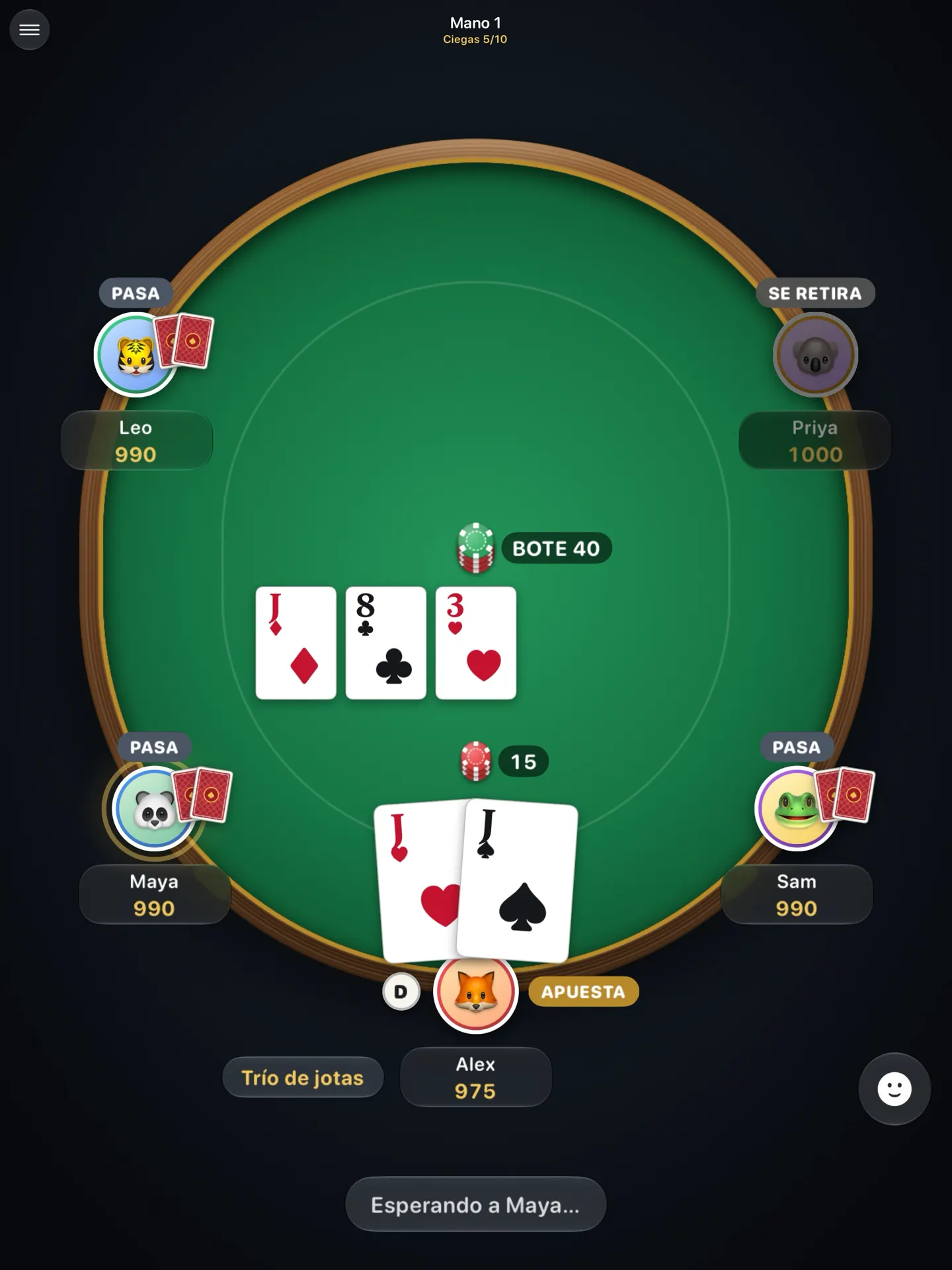 Local Poker en iPad: la mesa completa con cinco jugadores y el flop