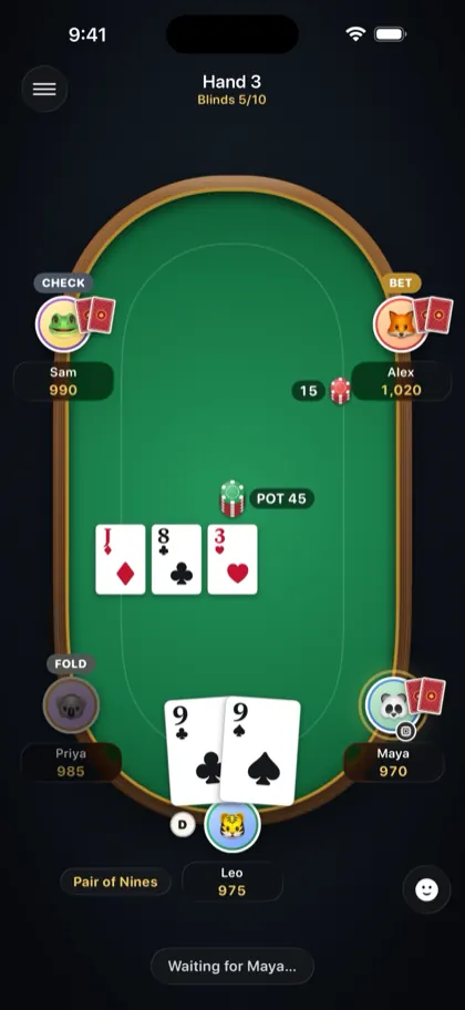 Leo's iPhone showing the same hand from Leo's seat