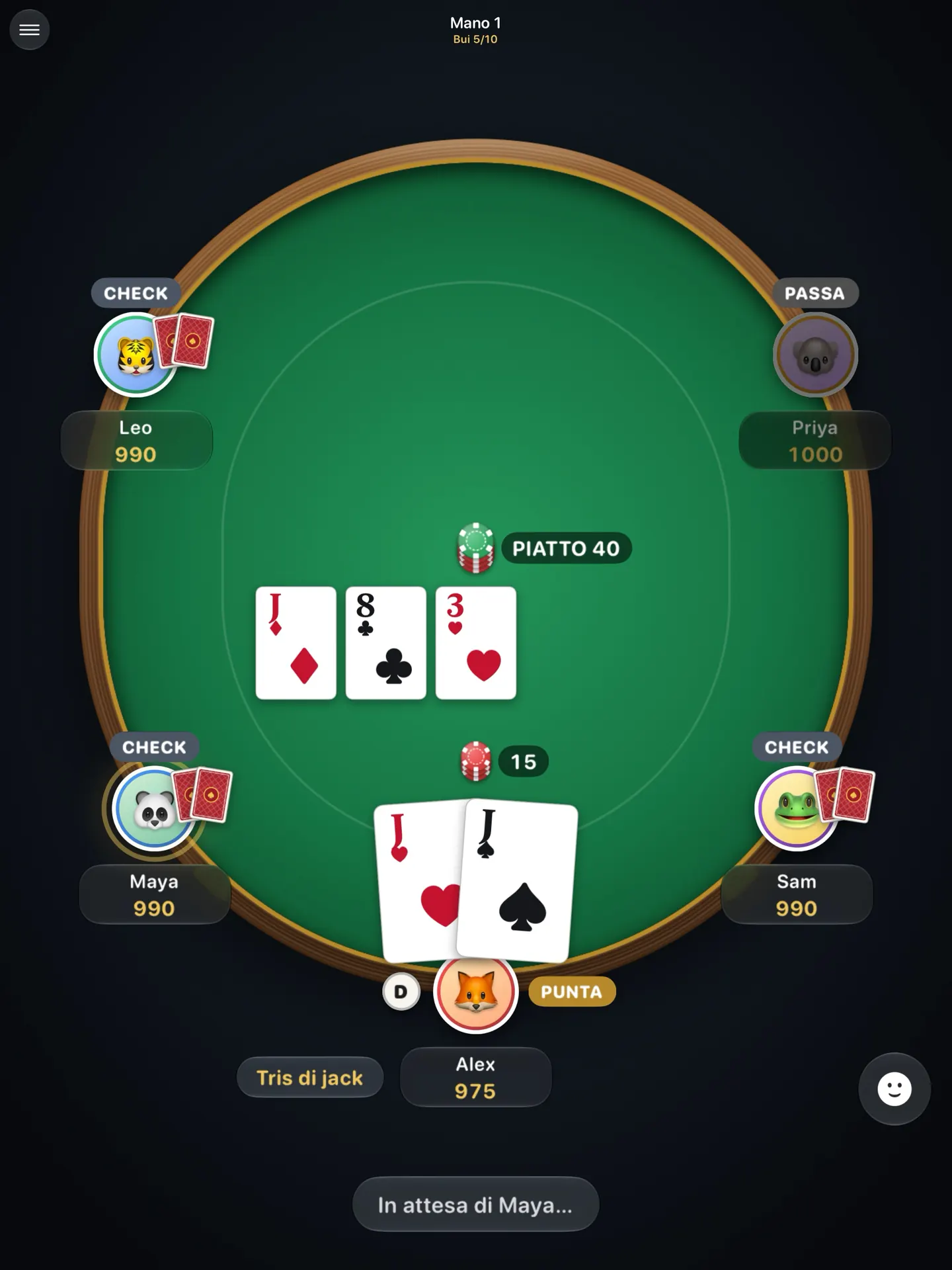 Local Poker su iPad: il tavolo completo con cinque giocatori e il flop