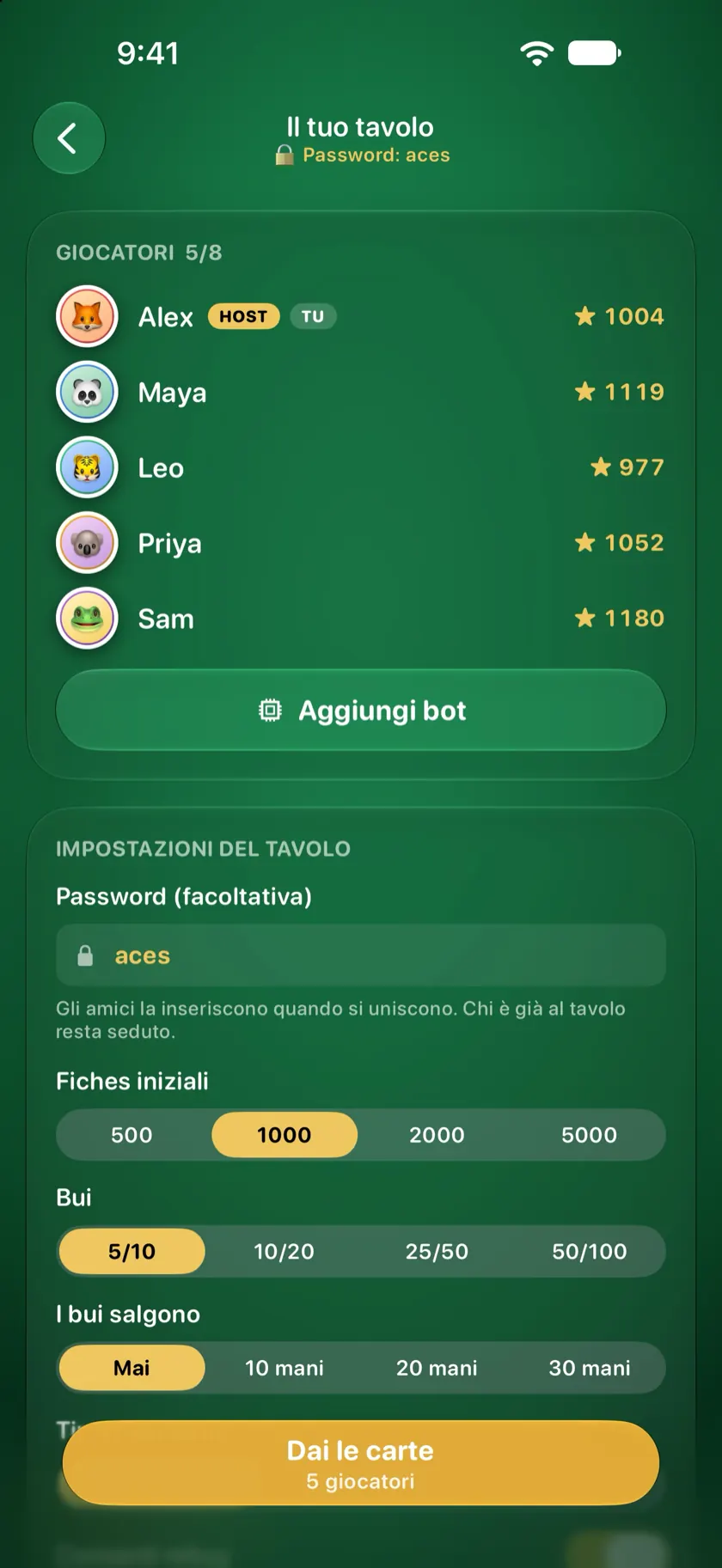 La lobby dell'host con cinque giocatori seduti e le impostazioni del tavolo