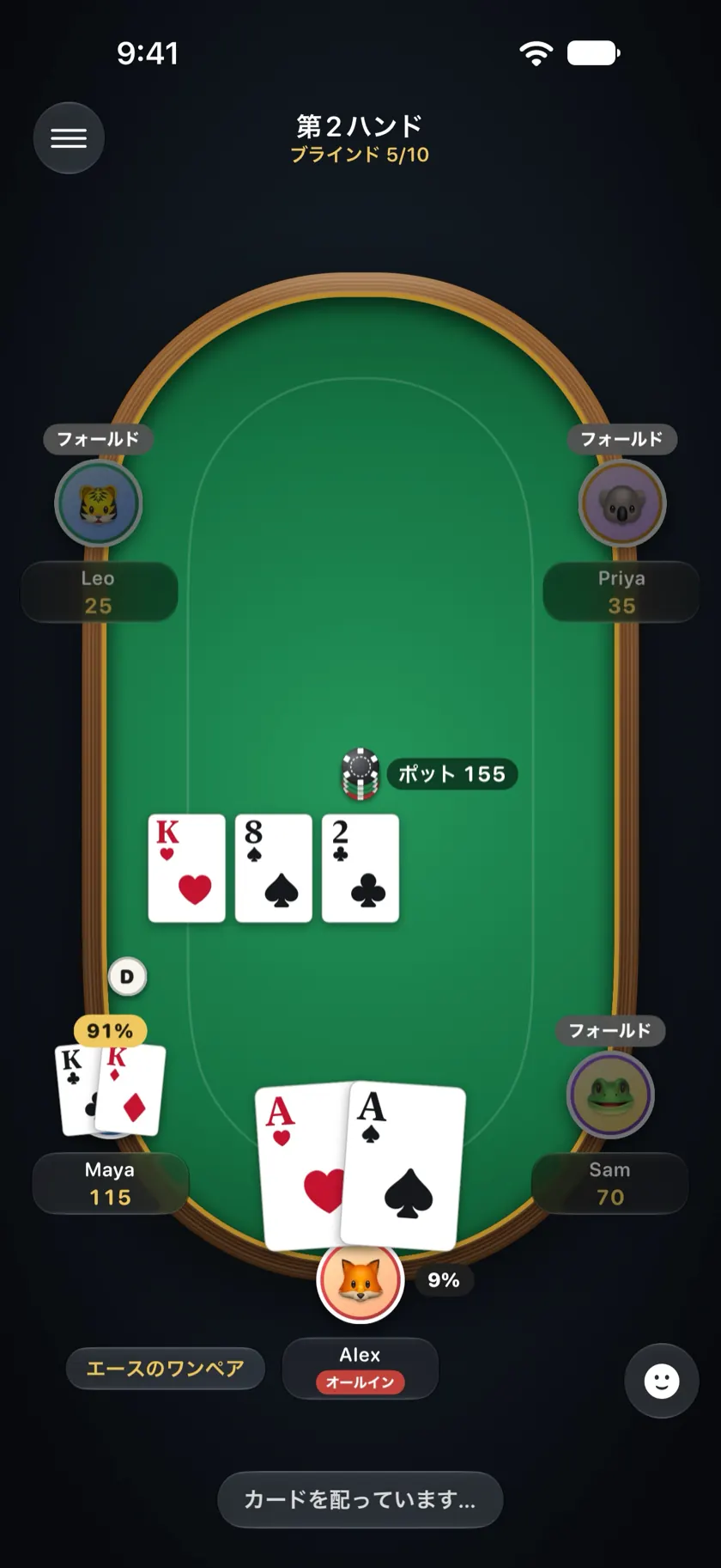 フロップ後のオールイン。各プレイヤーの席に勝率が表示されている