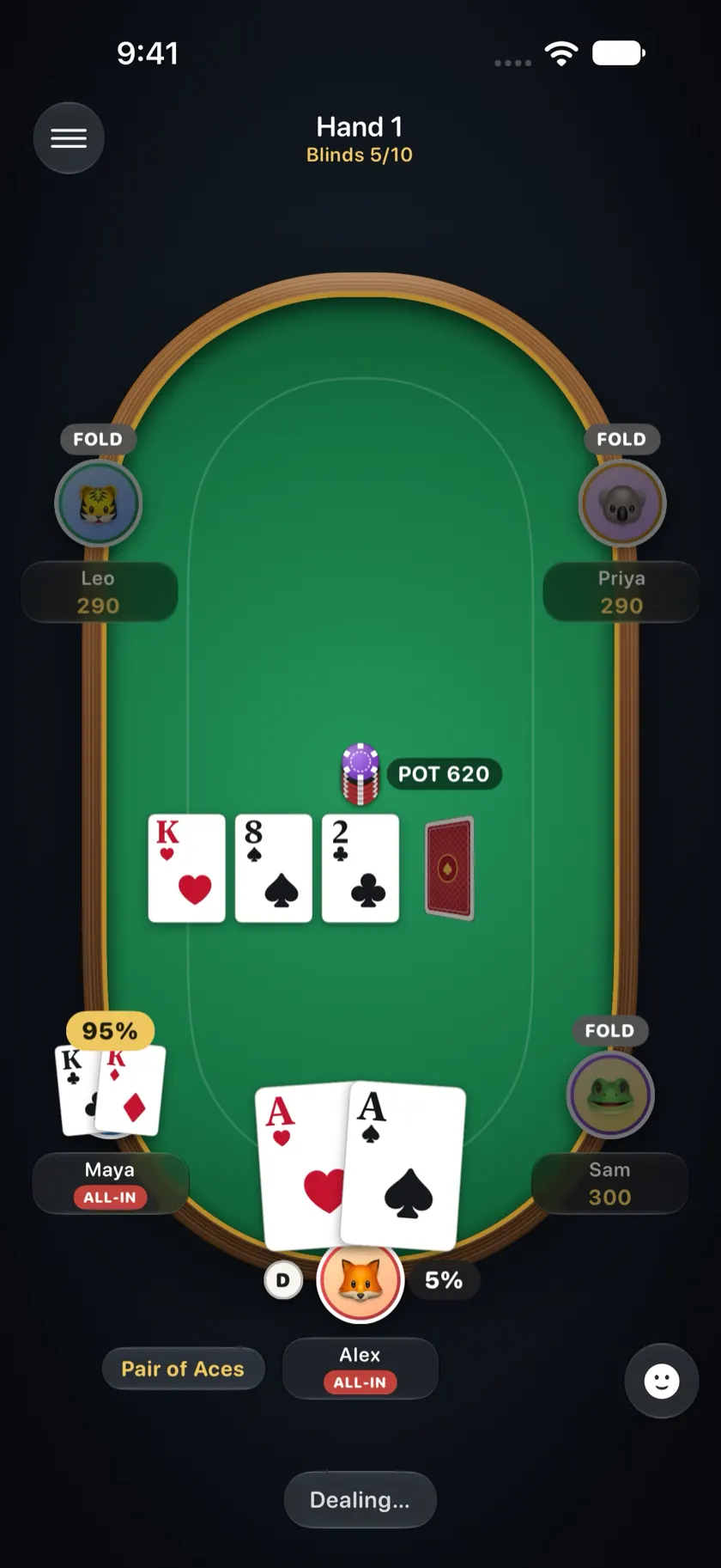 An all-in after the flop with each player's win chance on their seat