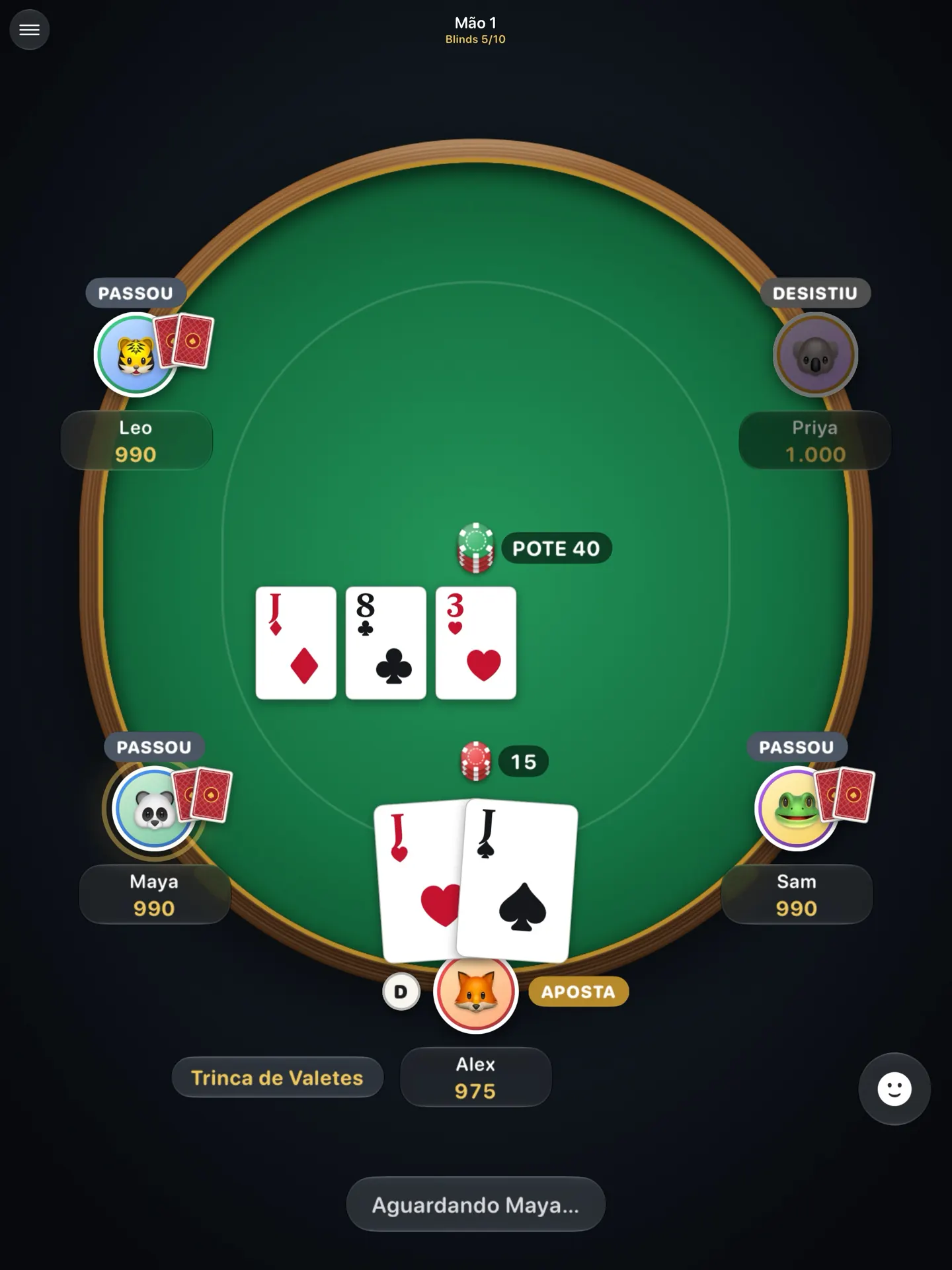 Local Poker no iPad: a mesa completa com cinco jogadores e o flop
