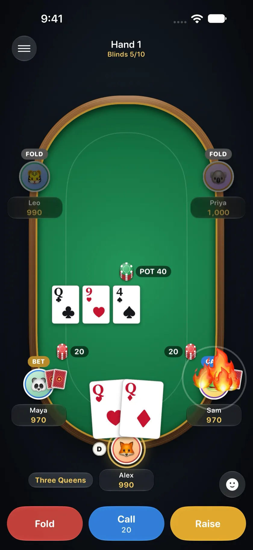 A fire emoji landing on Sam's seat at the poker table